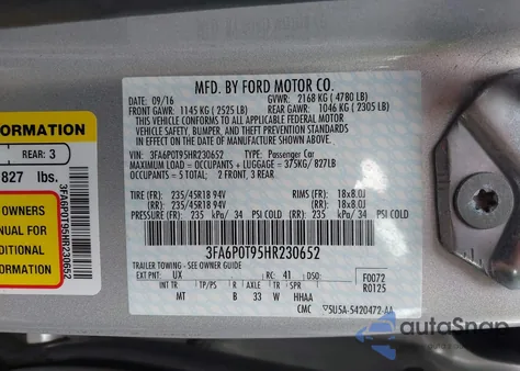 2017 Ford Fusion Se z USA, uszkodzony, nr VIN 3FA6P0T95HR230652